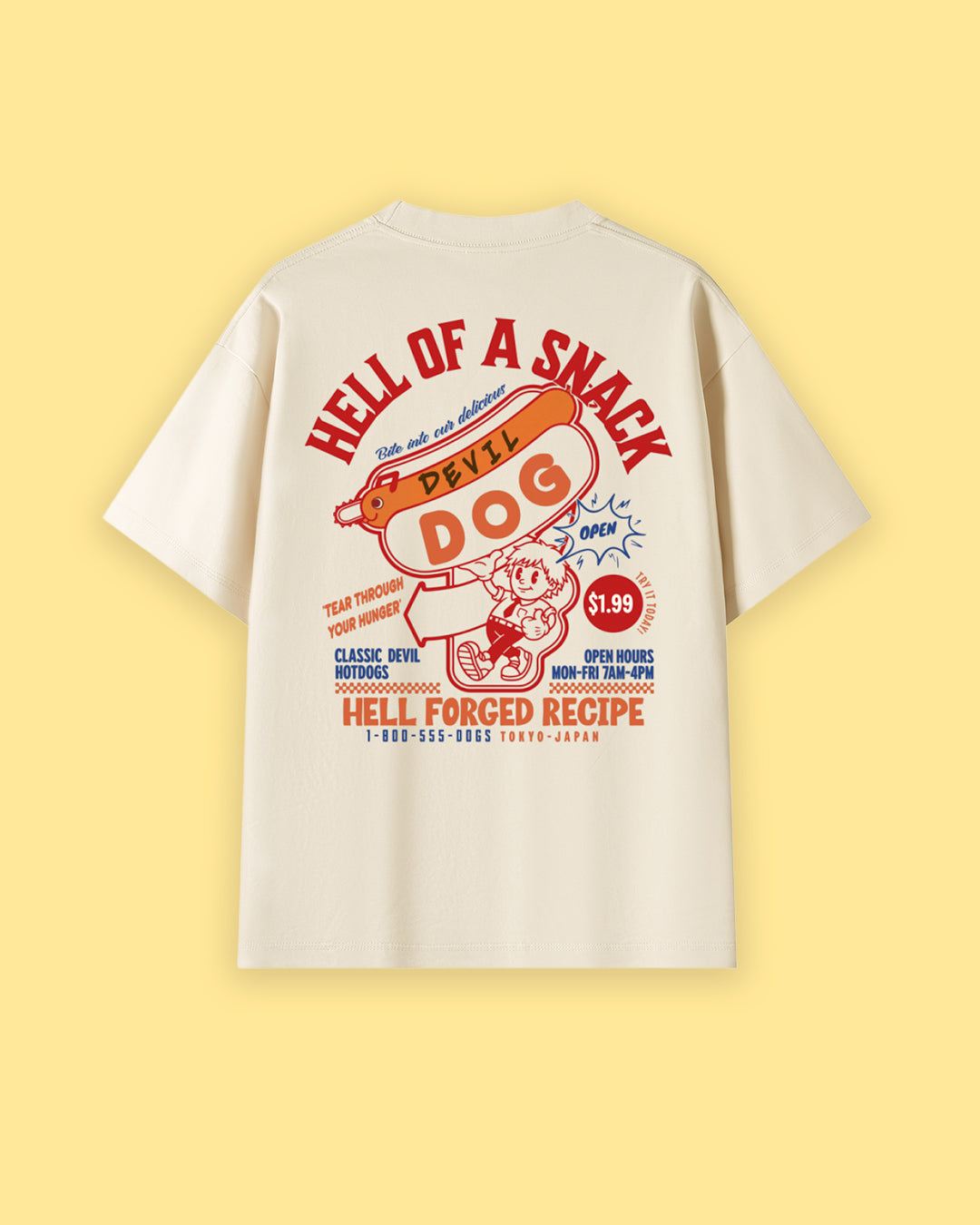 An off-white short-sleeve t-shirt shown from the back, featuring a large retro-style graphic print of a hot dog with the words &