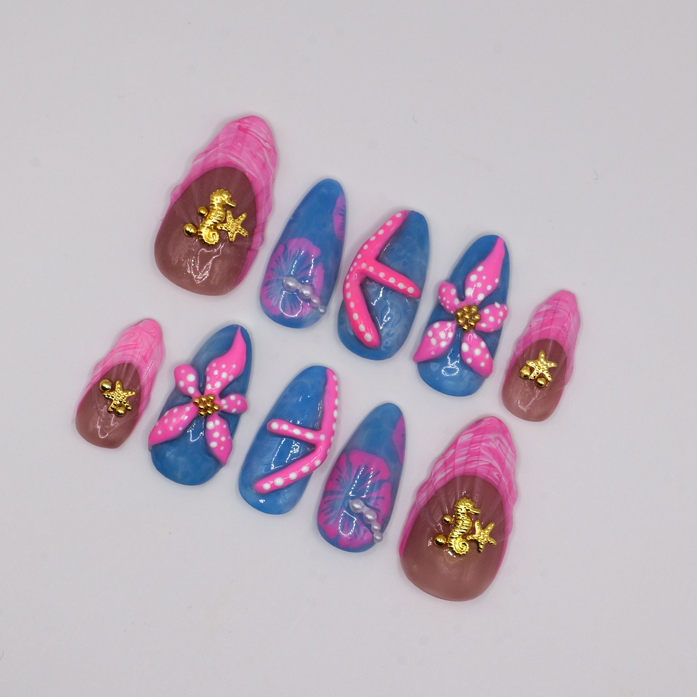 Coral Blue Press Ons - Almond