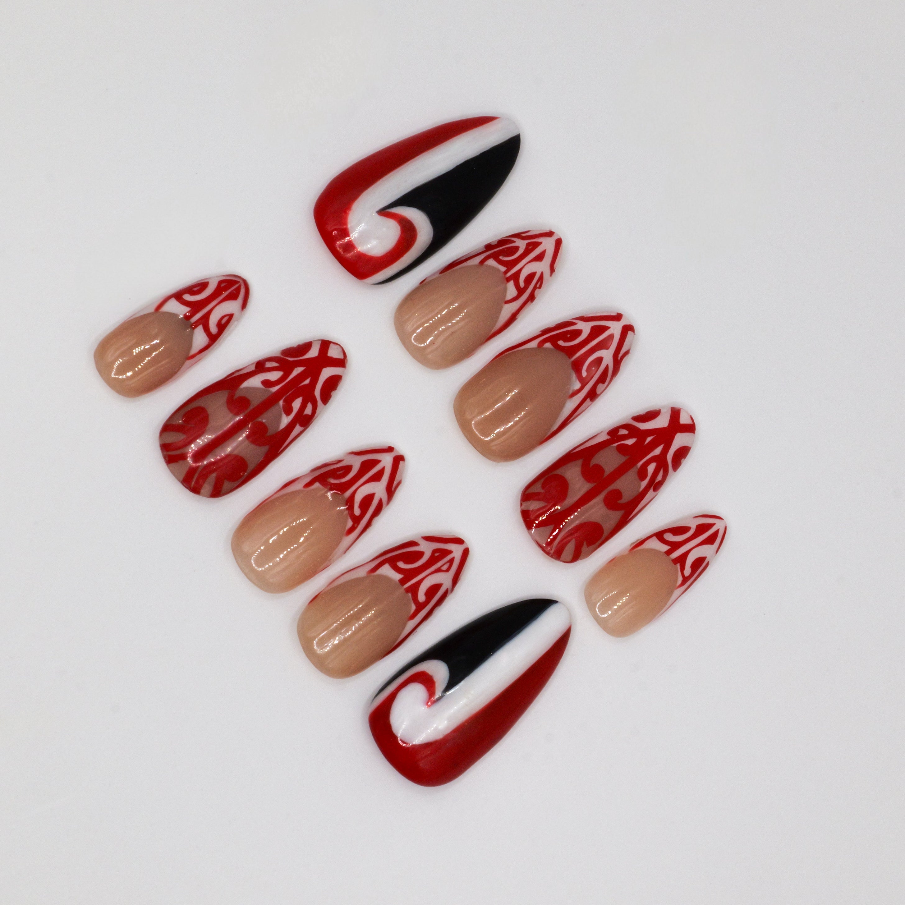 Red & Black Koru Nails Press-Ons - Almond