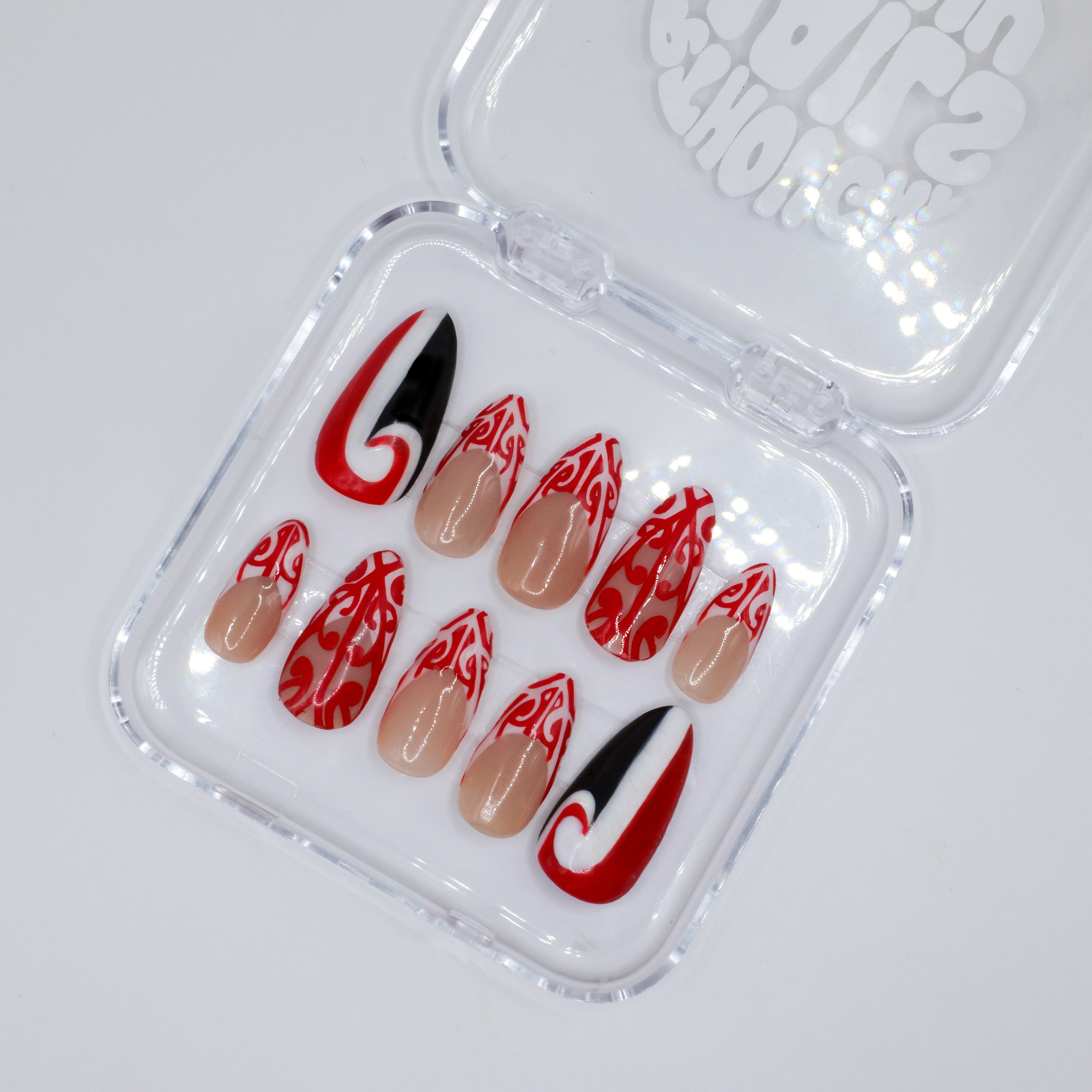 Red & Black Koru Nails Press-Ons - Almond