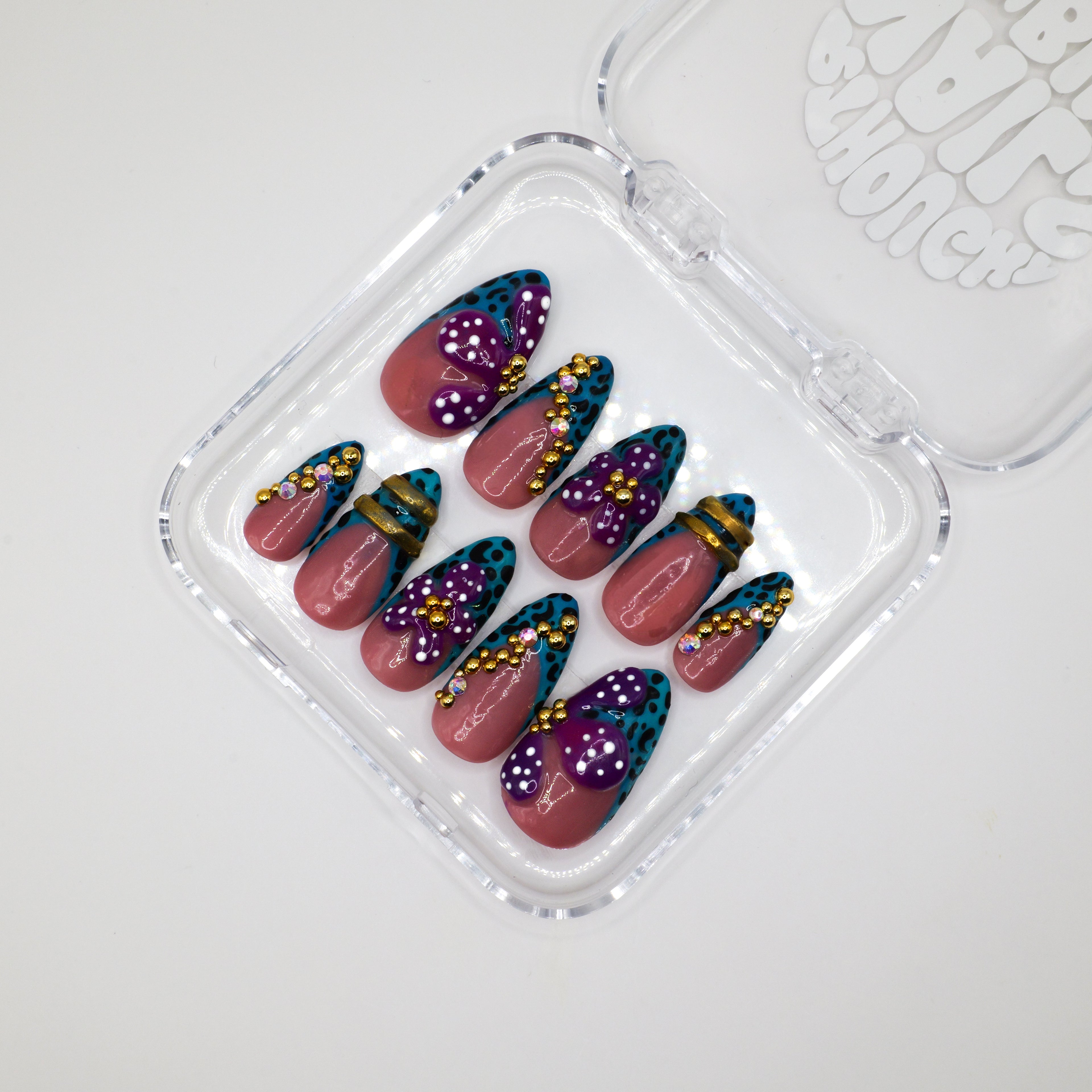 Pokey Dot Blue Press Ons - Almond