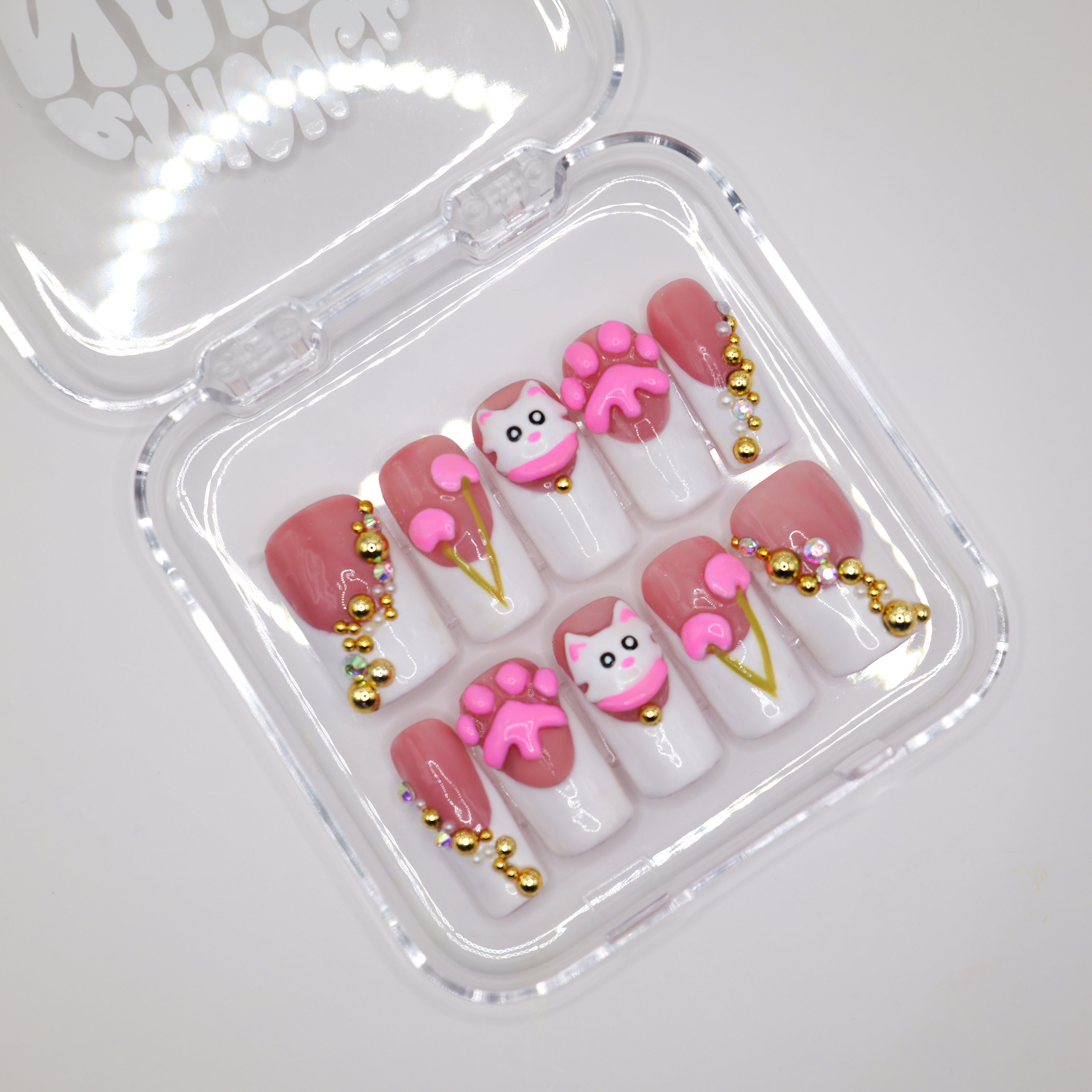 Cute Pink Cat Press Ons - Square