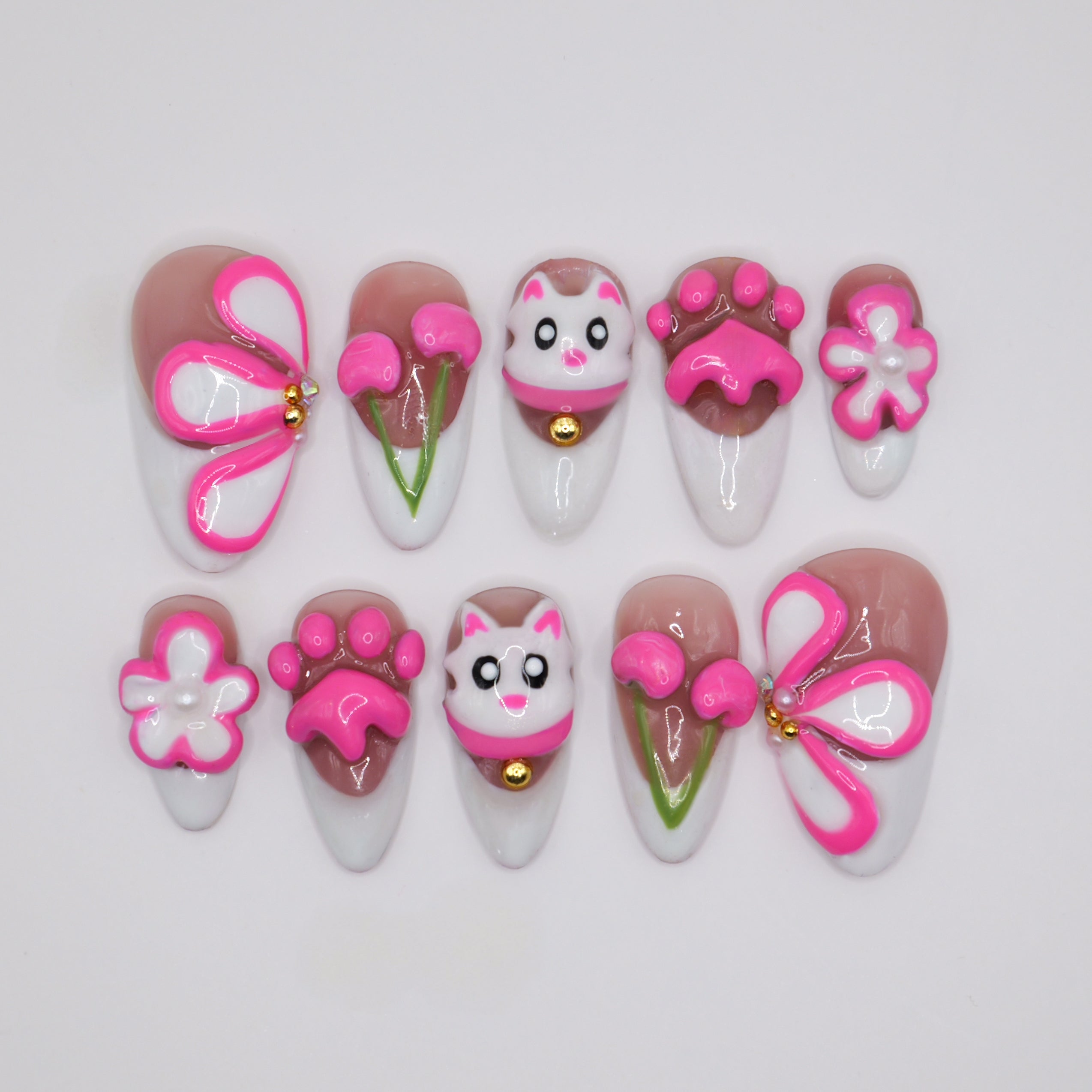 Cute Pink Cat Press Ons - Almond