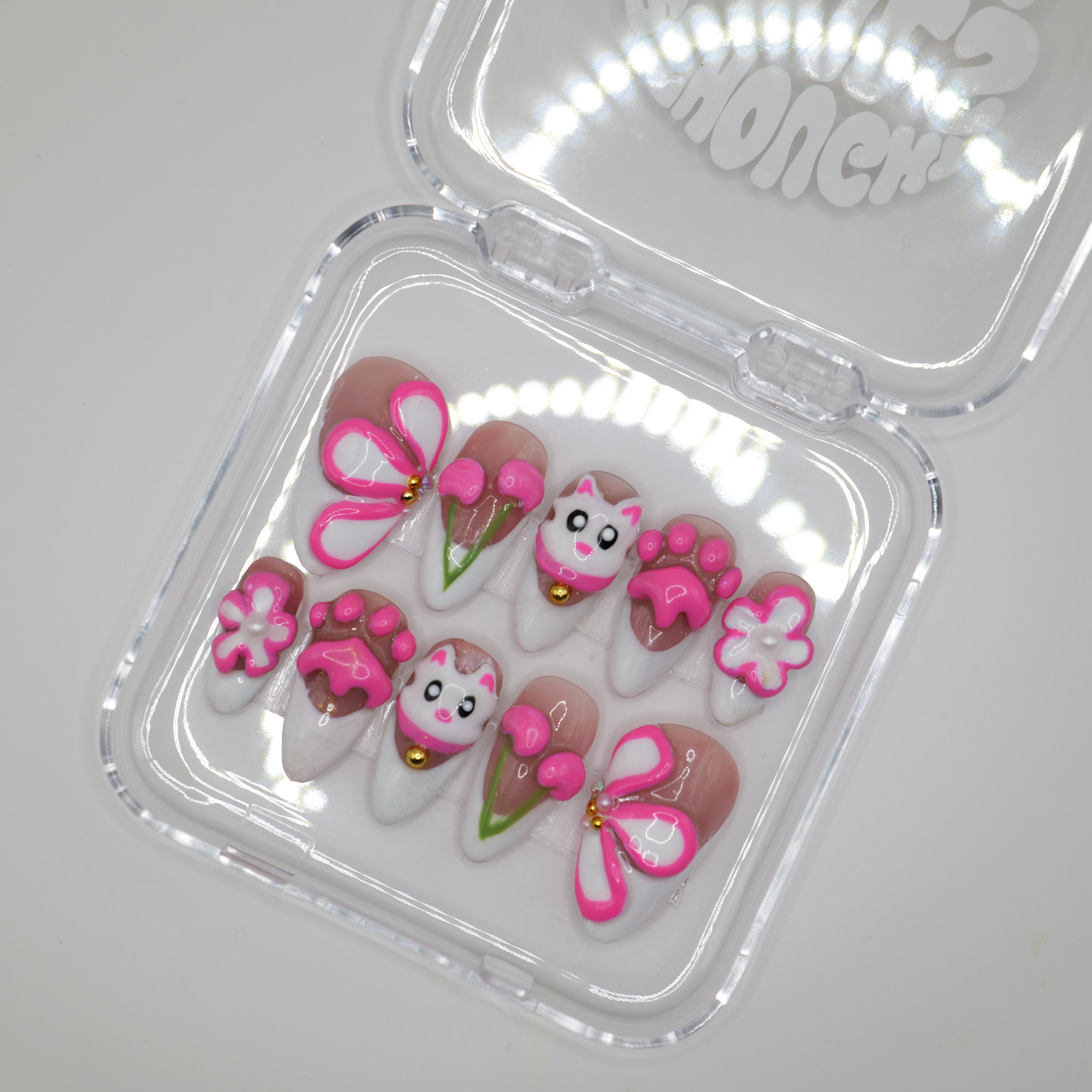 Cute Pink Cat Press Ons - Almond