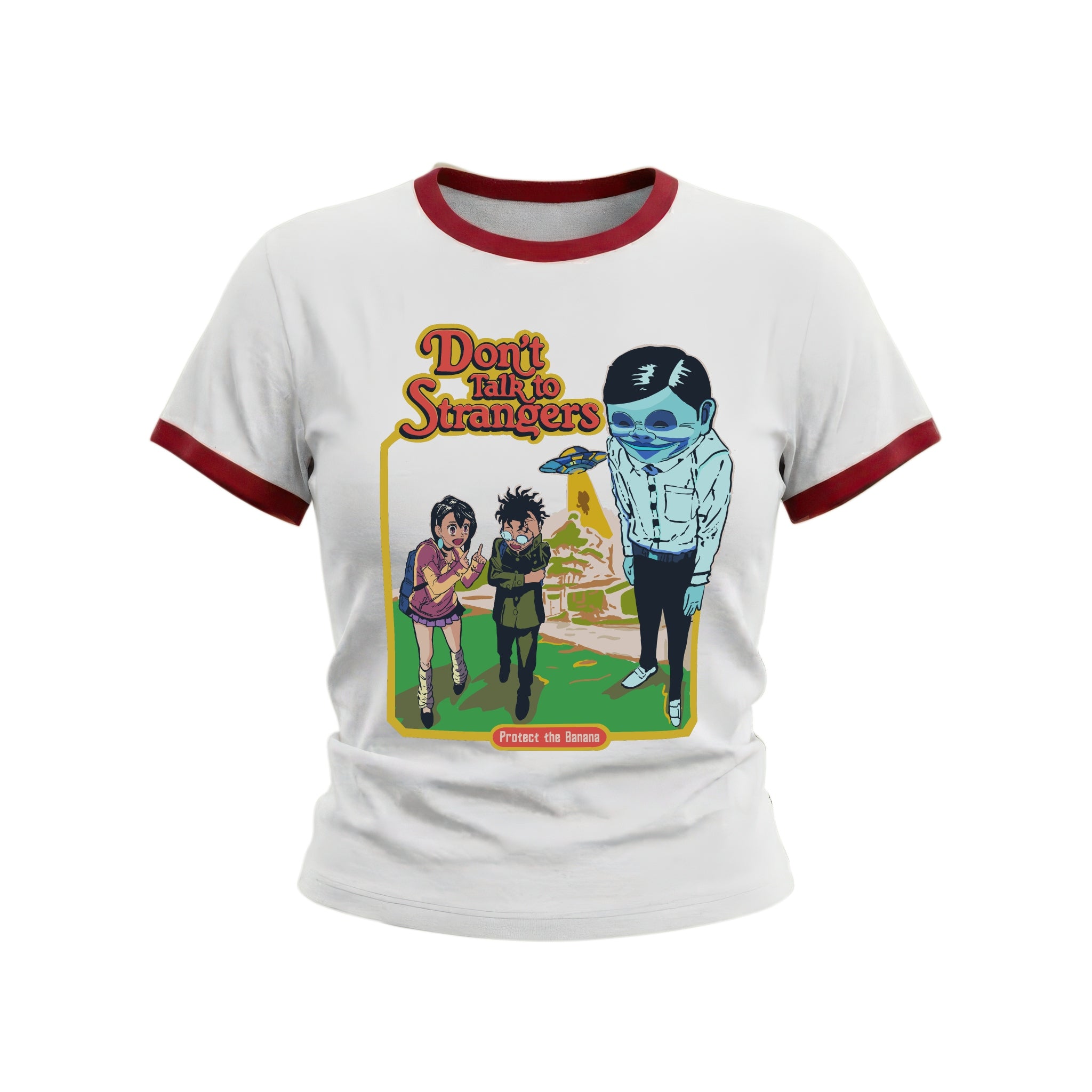 "Don't Talk To Strangers" Dandadan Ringer Tee – Retro Cropped Graphic Baby Tee