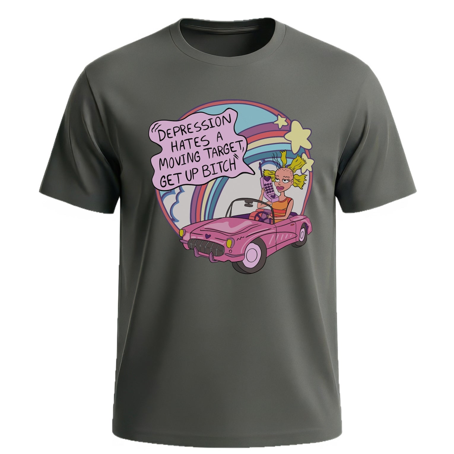 Depression Hates A Moving Target - Funny Mental Health Y2K Graphic T-Shirt