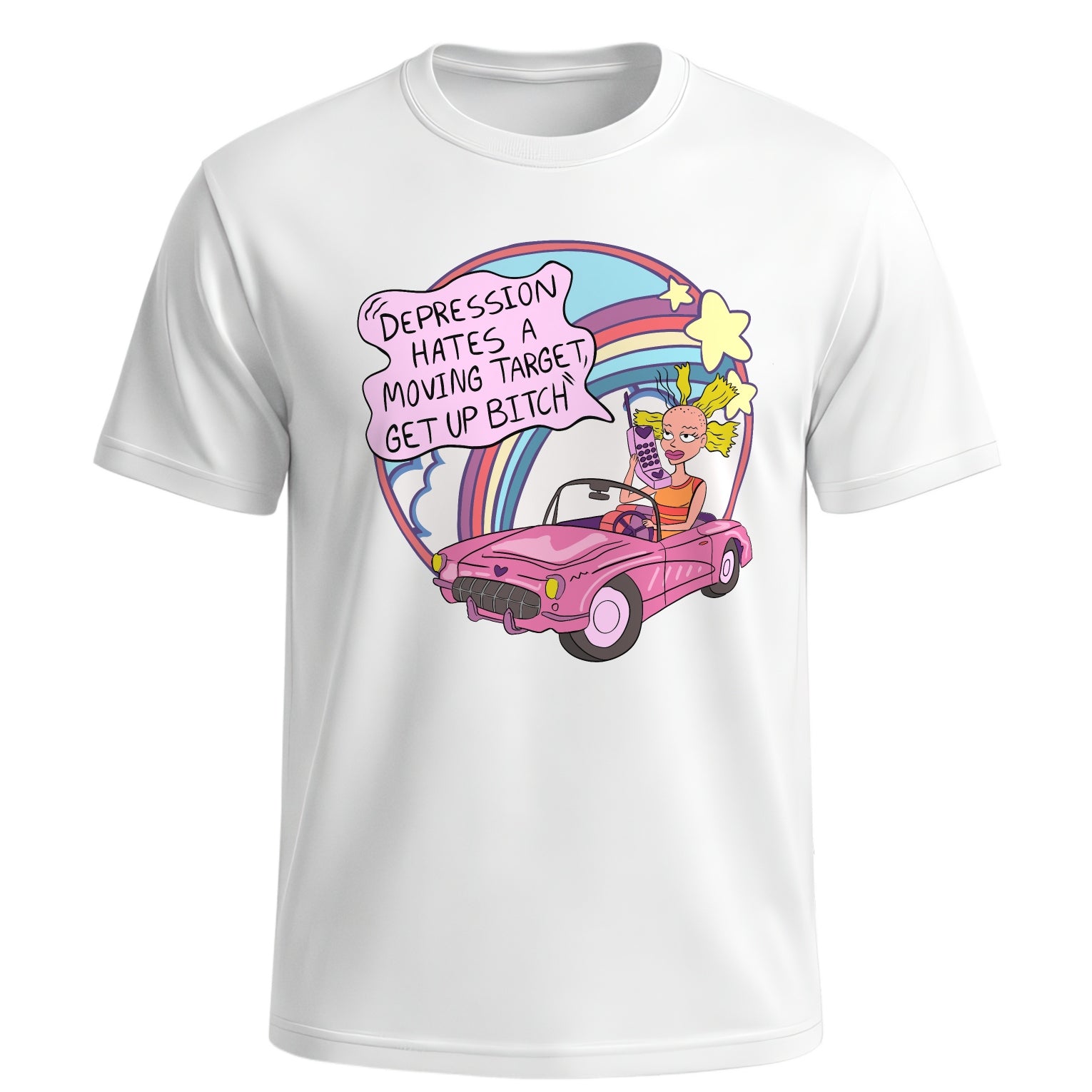 Depression Hates A Moving Target - Funny Mental Health Y2K Graphic T-Shirt