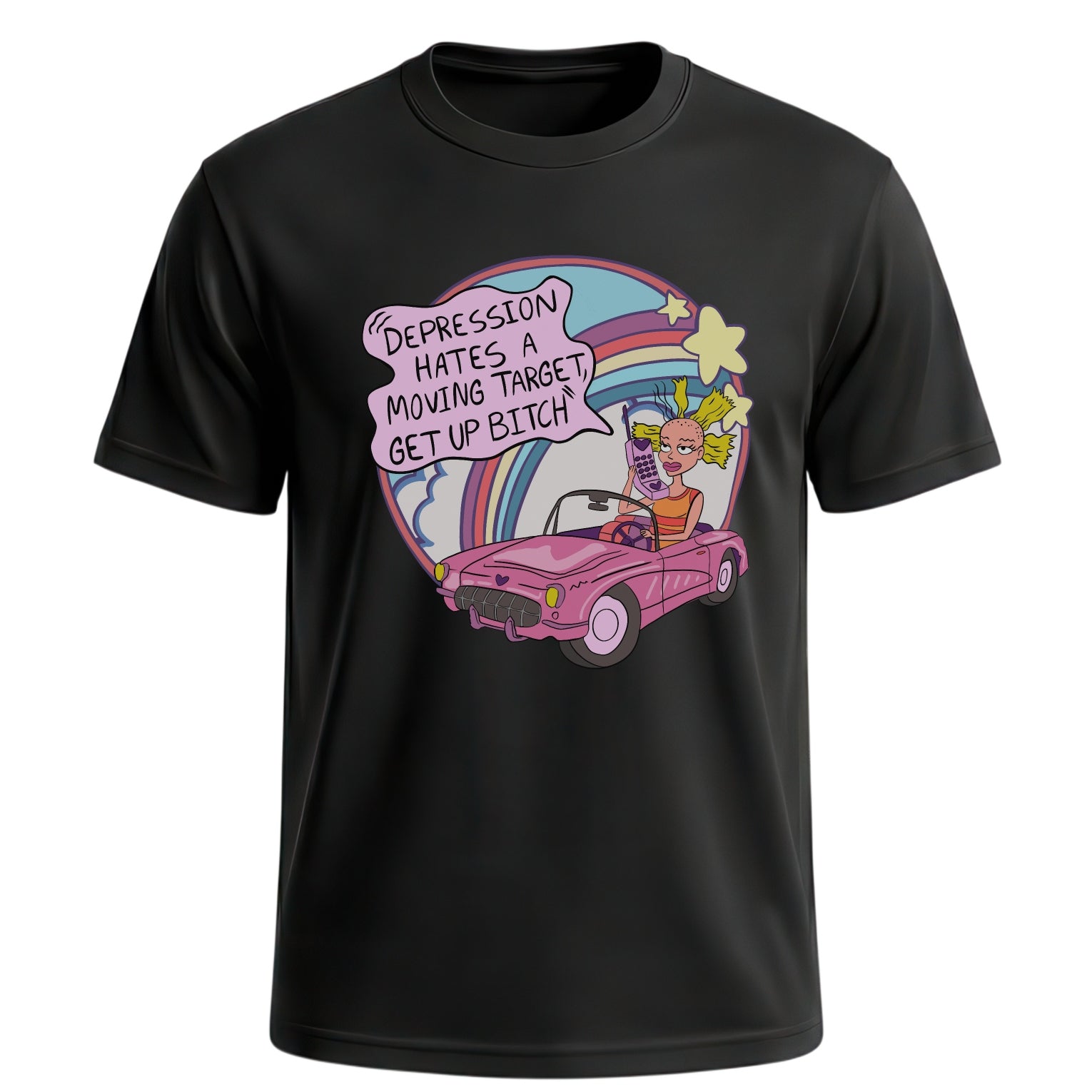 Depression Hates A Moving Target - Funny Mental Health Y2K Graphic T-Shirt