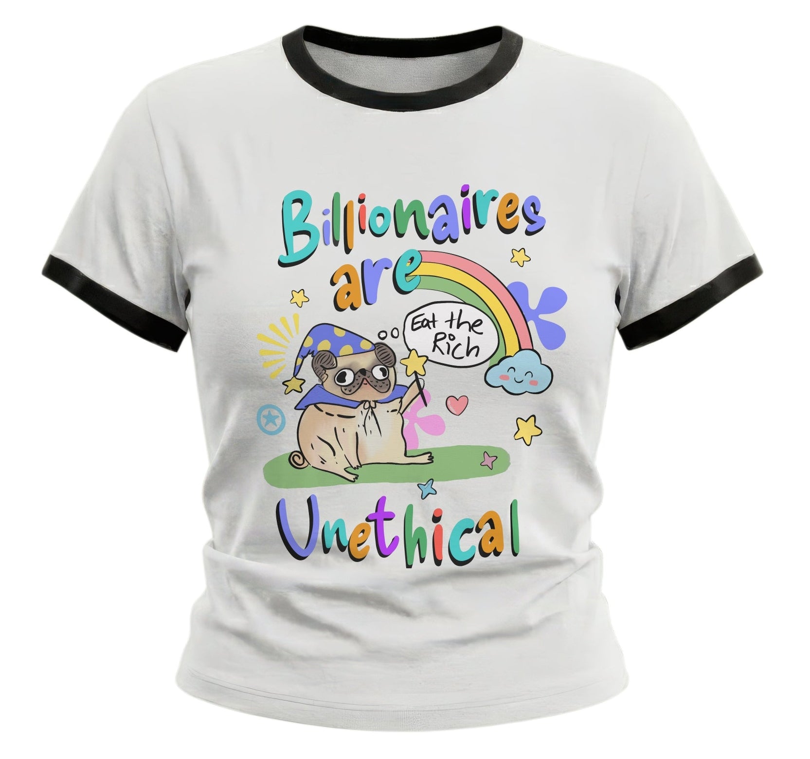 "Billionaires Are Unethical" Ringer Tee | Cute Wizard Pug "Eat The Rich" Shirt