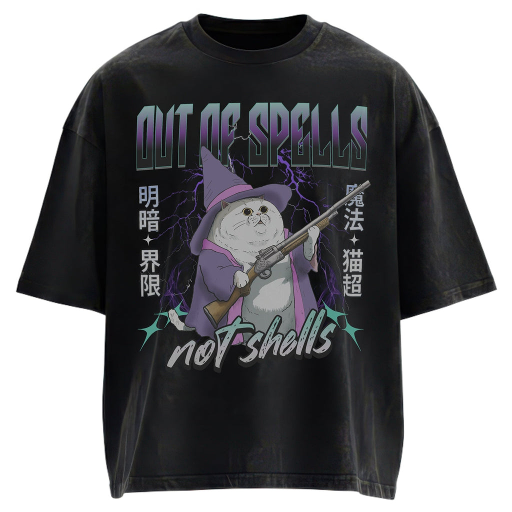 "Out of Spells, Not Shells" Wizard Cat T-Shirt - Retro Acid Wash Oversized Graphic Tee