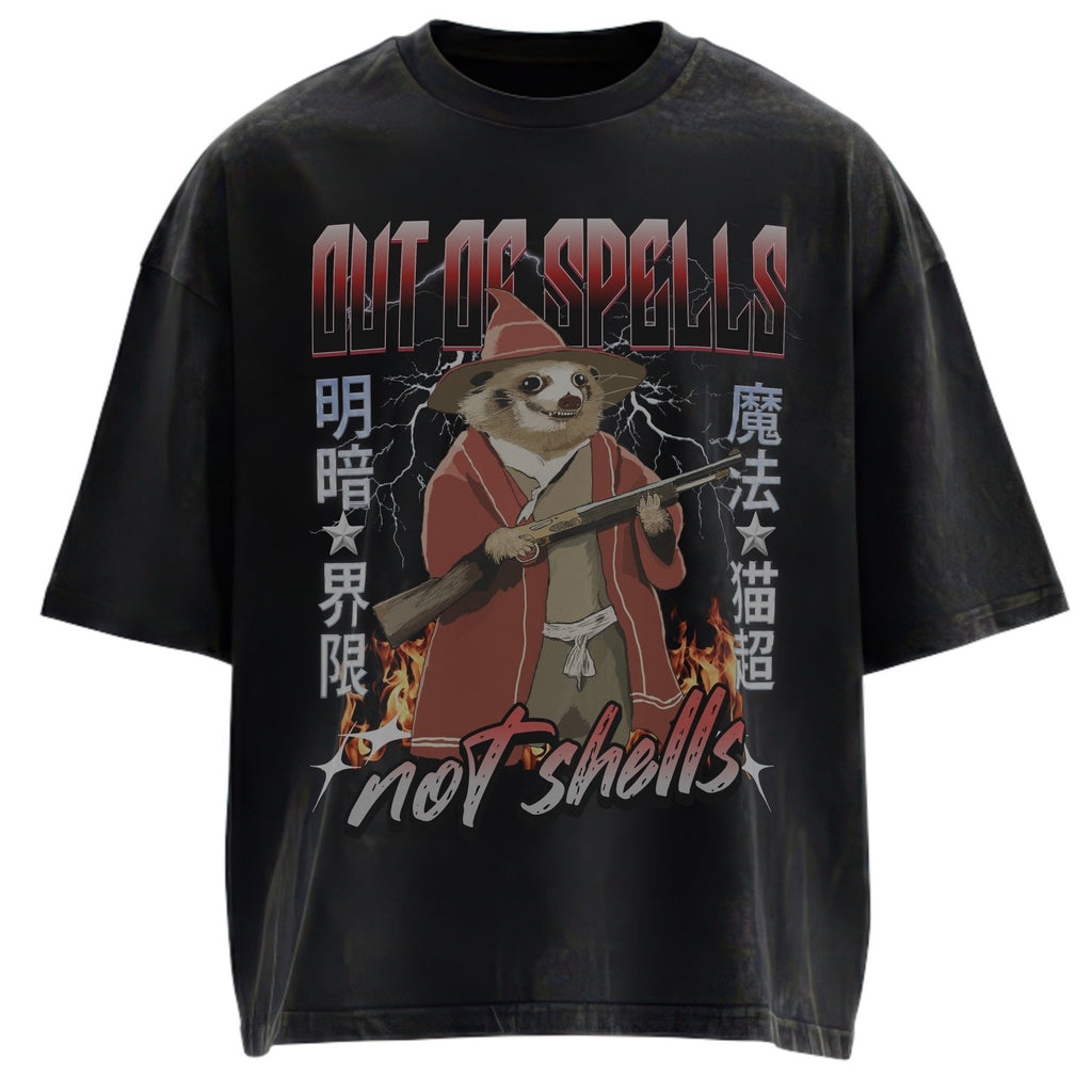 "Out of Spells, Not Shells" Wizard Opossum T-Shirt - Retro Acid Wash Oversized Graphic Tee